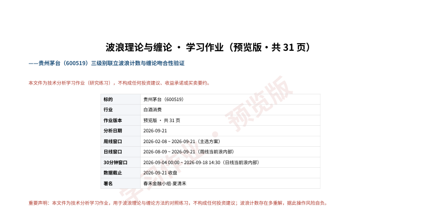 报告封面：波浪理论与缠论 · 学习作业（预览版 · 共31页），含标的、周期窗口与署名